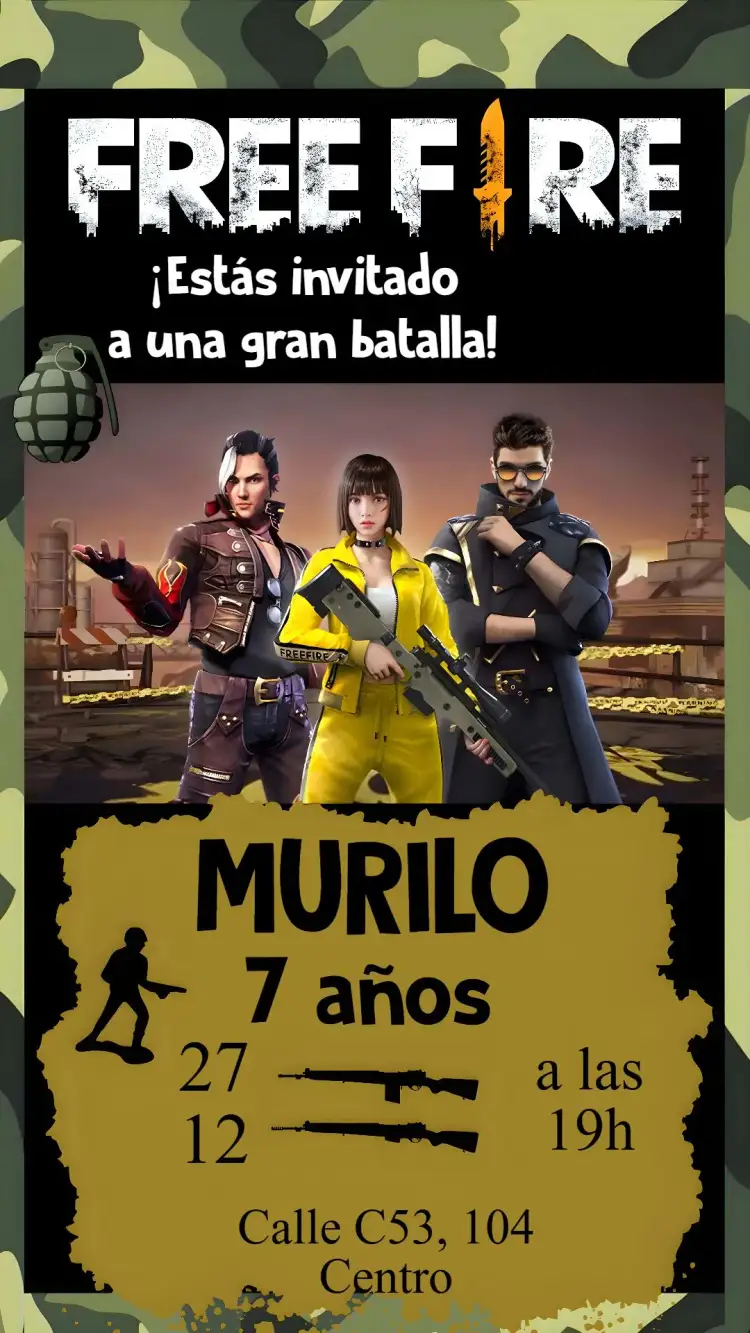 Invitación Free Fire – tema Cumpleaños videojuegos, militar, acción