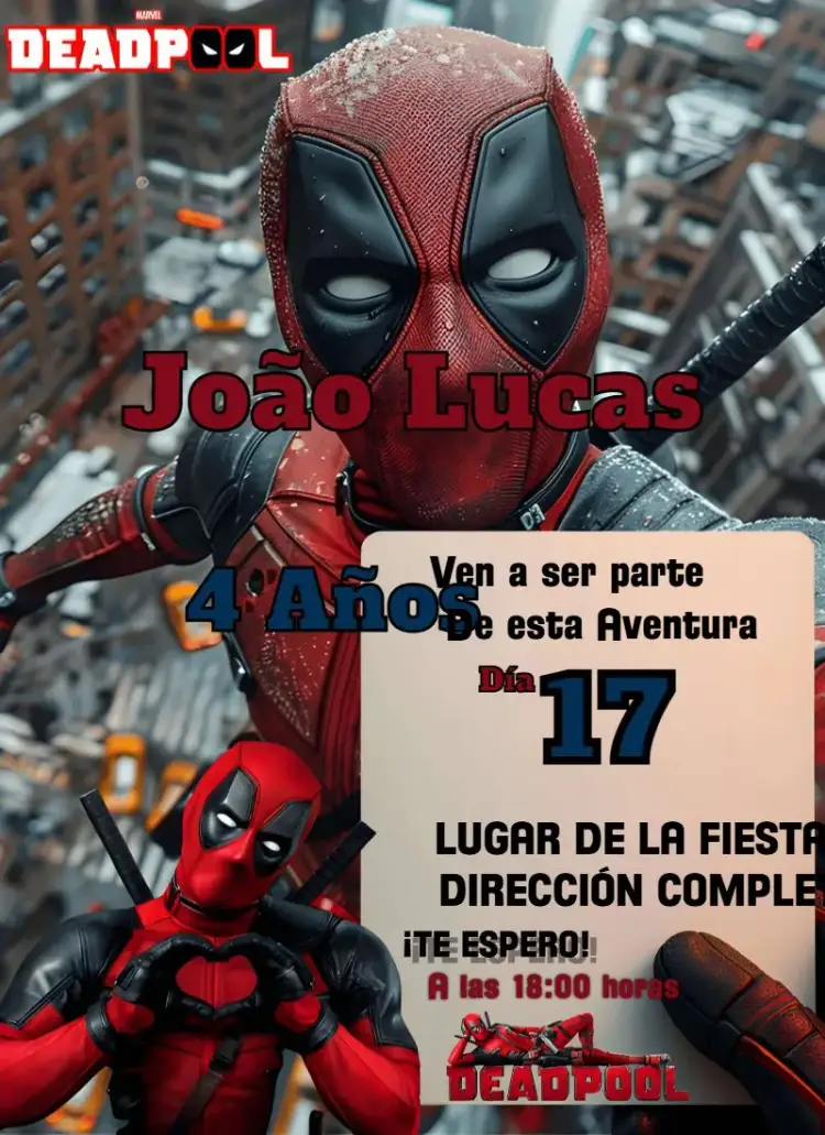 Invitación Deadpool – tema Cumpleaños Infantil colores vibrantes, estilo moderno, elementos gráficos de Marvel, diseño divertido, temática de superhéroes