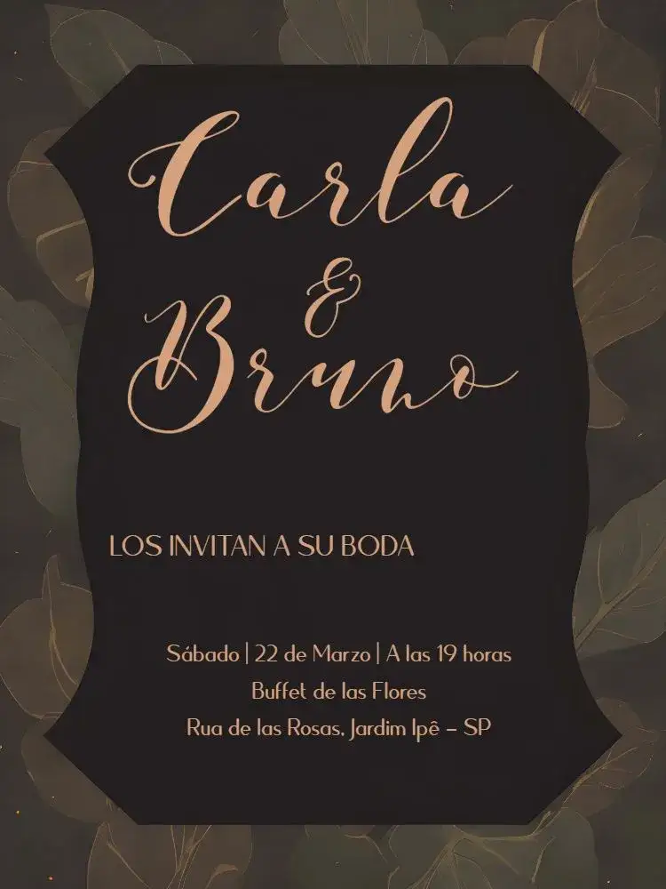 Invitación Boda Elegante en Negro – tema Boda negro, dorado, floral, elegante, moderno, sofisticado