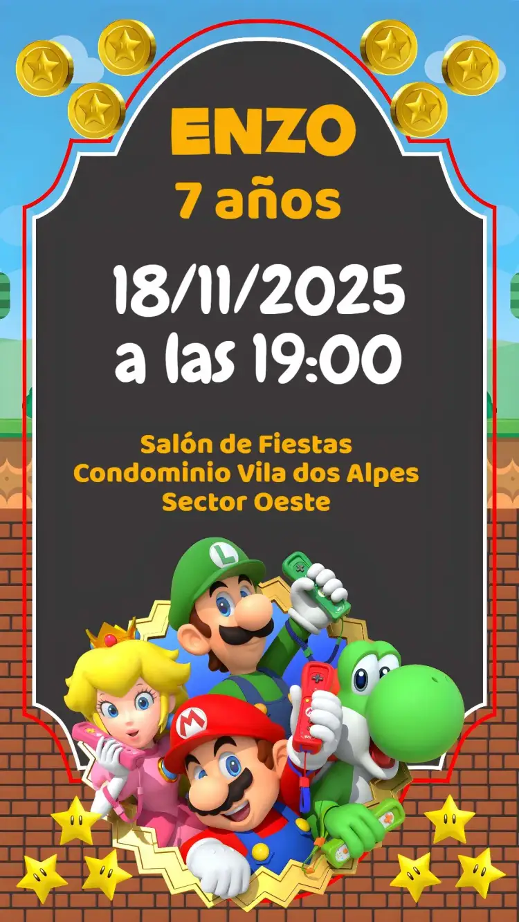 Invitación Super Mario Bros – tema Cumpleaños Infantil colorido, divertido, juegos, personajes, infantil, aventura