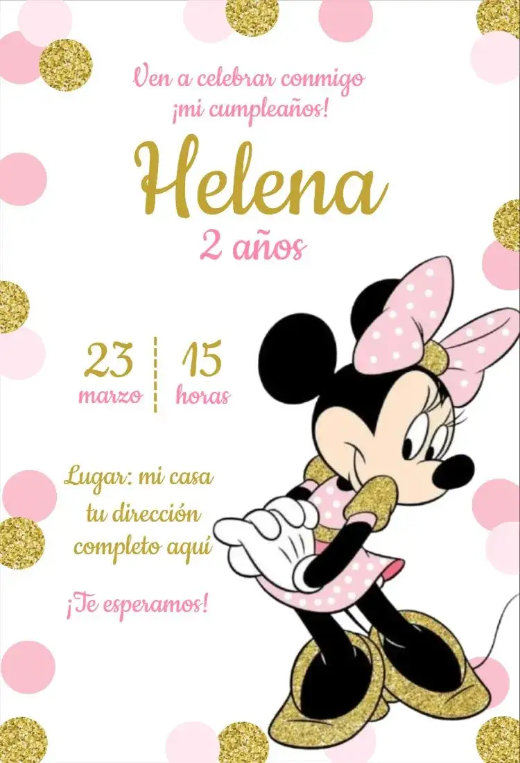 Invitación Minnie Rosa y Dorado – tema Cumpleaños Infantil rosa, dorado, infantil, temático, moderno, divertido