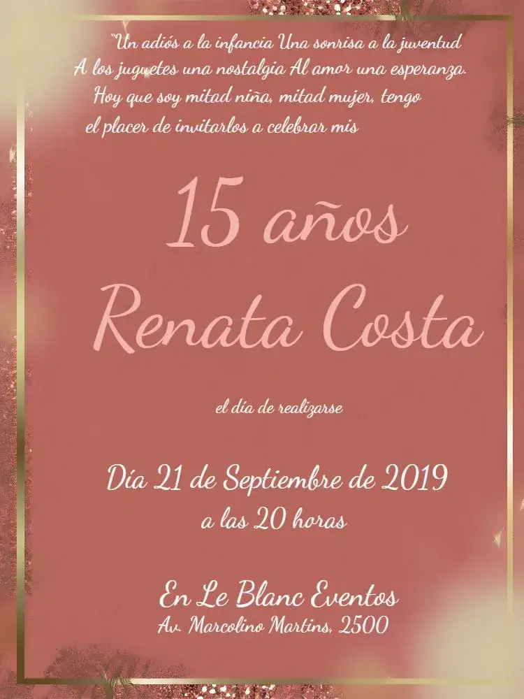 Invitación De 15 Años Rosé Gold Glitter – tema 15 años rosado, dorado, brillante, elegante, moderno, femenino
