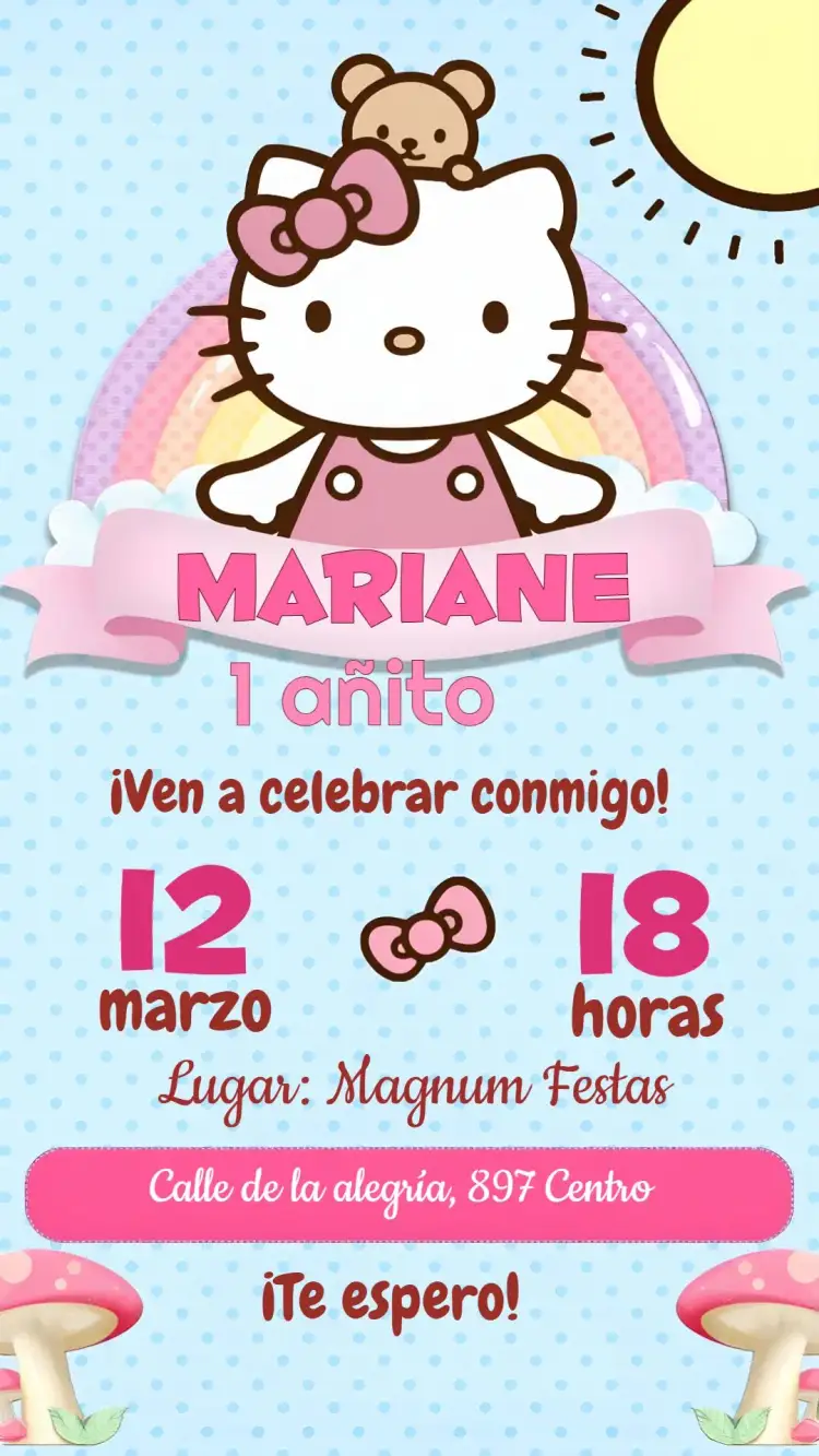 Invitación Hello Kitty Chica – tema Más buscados rosa, divertido, lúdico, infantil, colorido, temática Hello Kitty