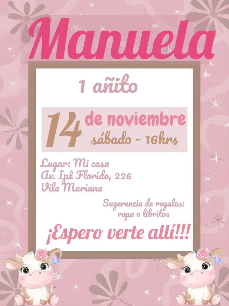 Invitación Vaquita Rosa Año – tema Fechas Conmemorativas granja, infantil, lúdico, colores suaves, animales, romántico