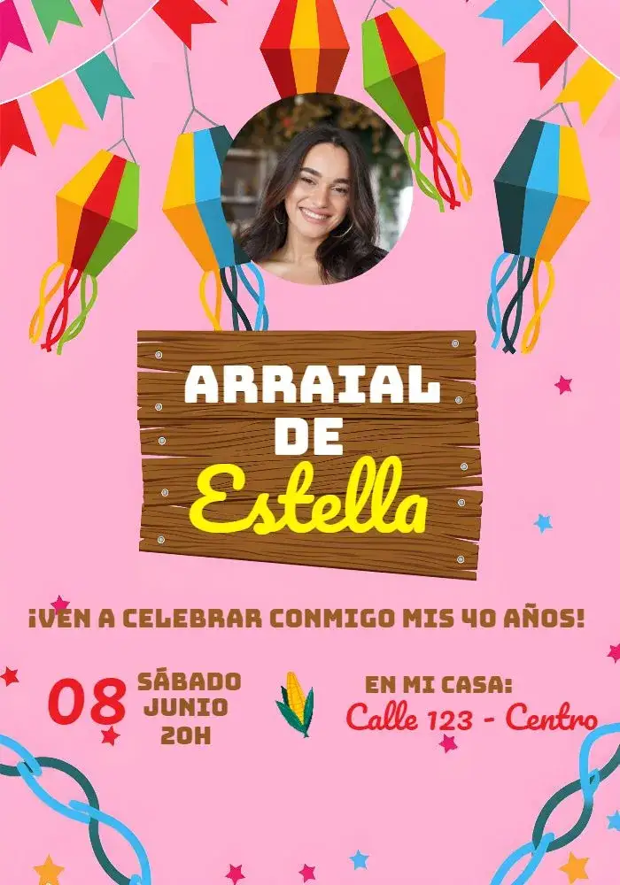 Invitación Arraial Fiesta Junina Con Foto Rojo – tema Fechas Conmemorativas colorido, tradicional, festivo, rústico, vibrante