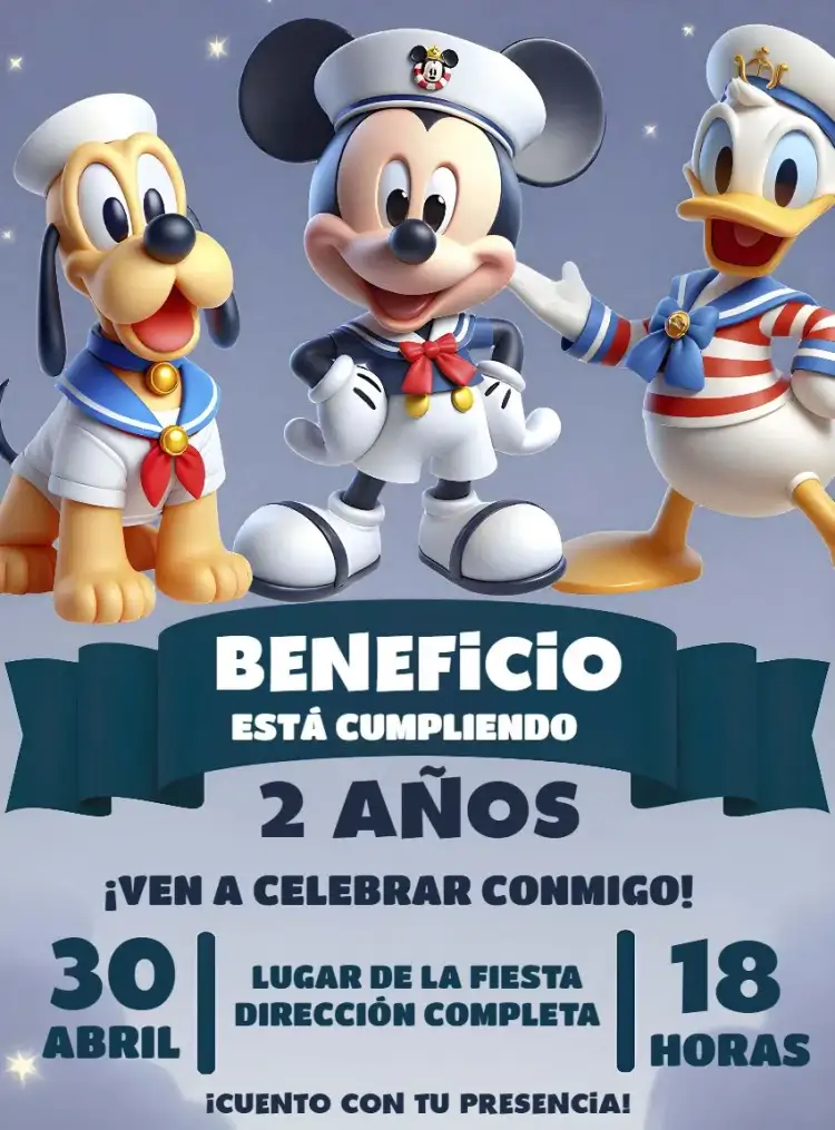 Invitación Turma Del Mickey Marinero Marina – tema Cumpleaños Infantil marinero, colorido, divertido, temática infantil, ilustraciones animadas, náutico