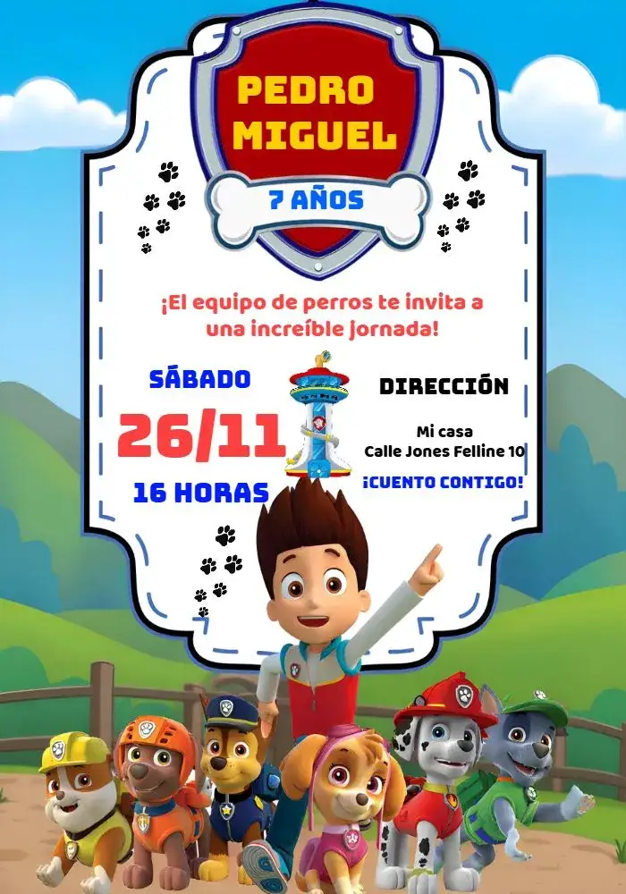 Invitación Patrulla Canina – tema Cumpleaños Infantil colores vibrantes, estilo divertido, elementos gráficos de perro, tema de aventura, diseño infantil, ilustraciones animadas