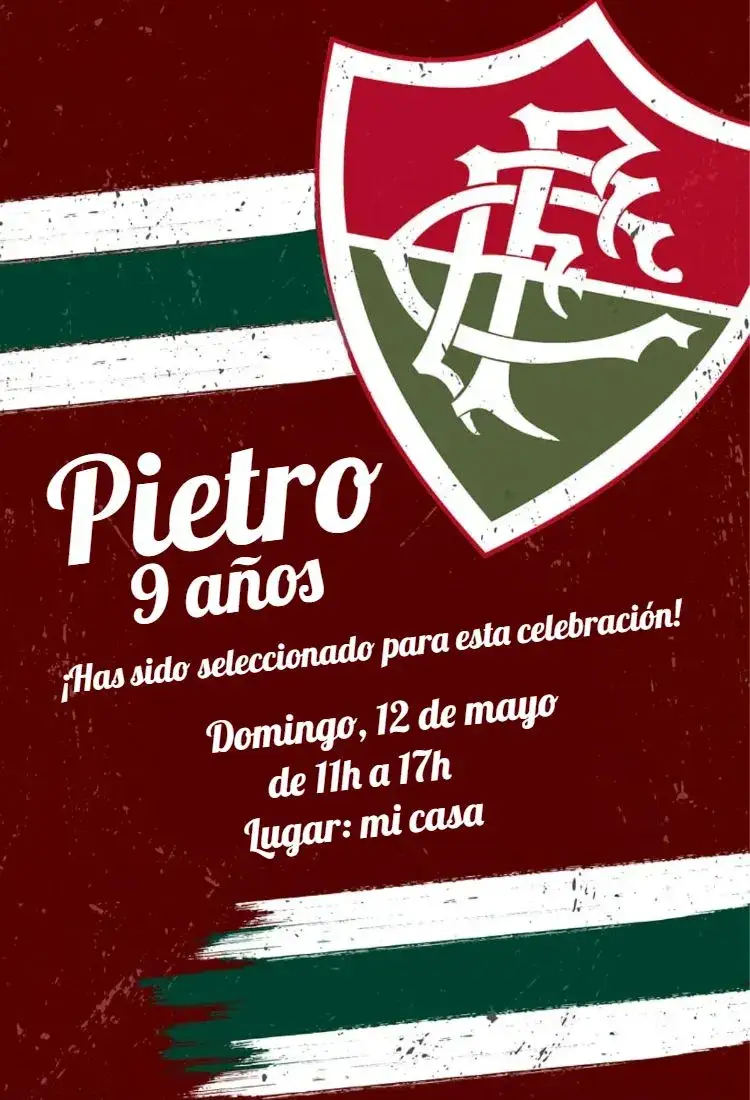Invitación Fluminense – tema Cumpleaños verde y blanco, estilo deportivo, gráficos de fútbol, diseño moderno, ilustraciones de equipos, temática de hinchada