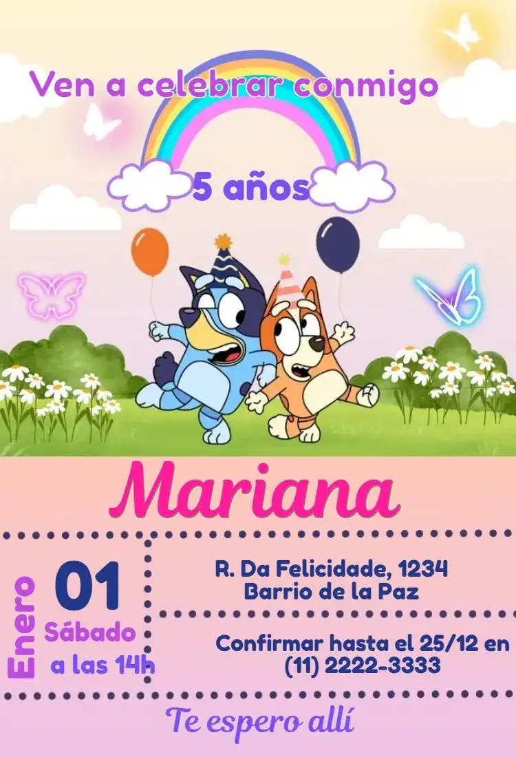 Invitación Bluey y Bingo Jardín Iluminado – tema Más buscados colorido, infantil, divertido, jardín, iluminación, personajes