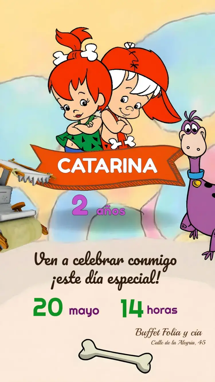 Invitación Los Picapiedra Infantil – tema Cumpleaños Infantil colorido, divertido, temático, prehistórico, juguetón