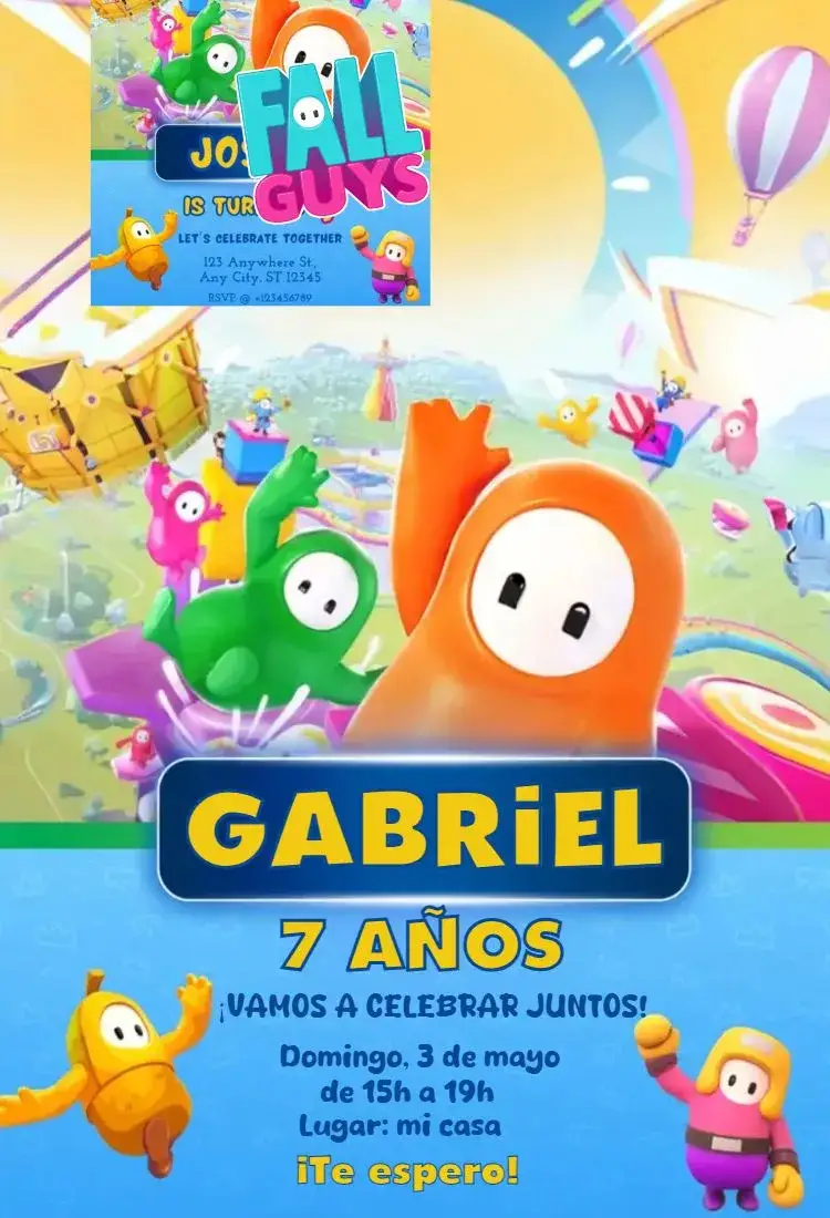 Invitación Fall Guys – tema Cumpleaños colorido, divertido, juegos, temático, infantil