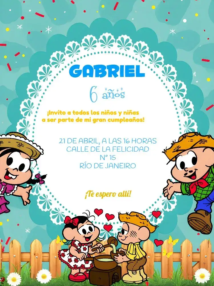 Invitación Turma Da Mónica Amarillo – tema Cumpleaños Infantil colorido, divertido, infantil, moderno, listrado, caracteres animados