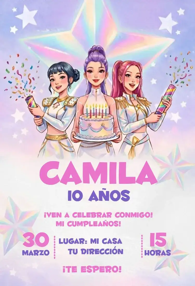 Invitación Guerreras del Kpop 25 – tema Cumpleaños colorido, pop, moderno, temático, divertido, animado