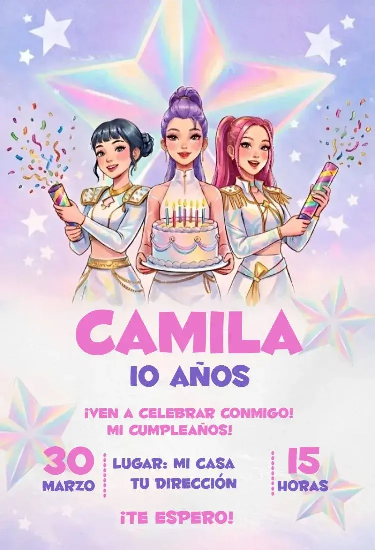 Invitación Guerreras del Kpop 25 editable y personalizable