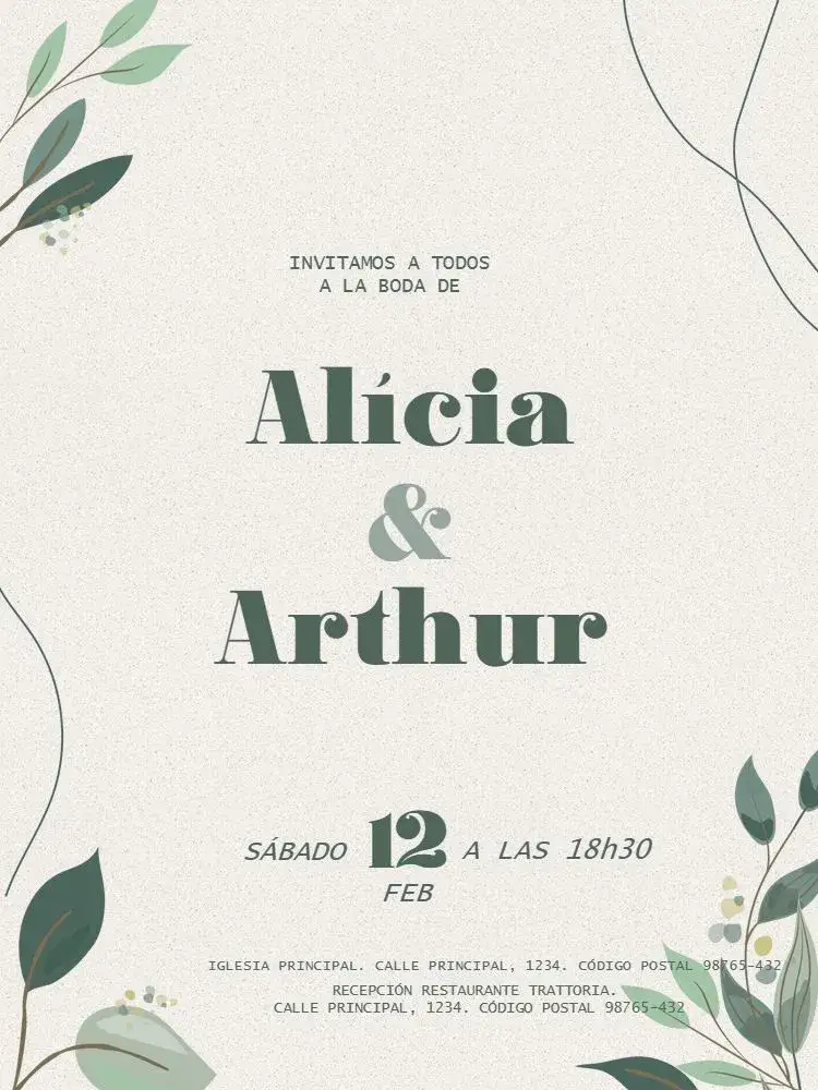 Invitación Boda Sencilla Y Delicada Pareja – tema Boda floral, minimalista, verde, delicado, simples, moderno