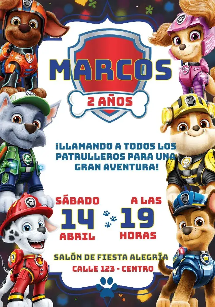 Invitación Patrulla Canina Niño – tema Cumpleaños Infantil acuarela, colorido, infantil, moderno, temático