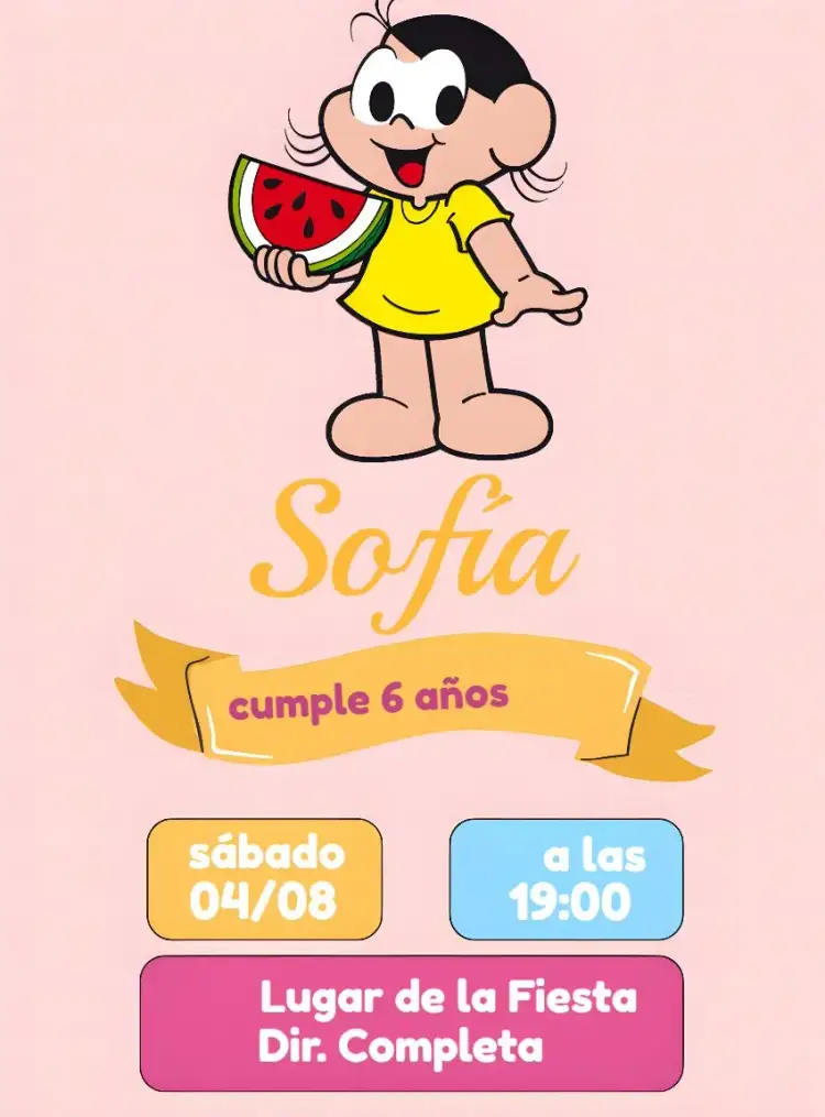 Invitación Magali - Turma Da Monica Rosa – tema Cumpleaños Infantil colores vibrantes, estilo divertido, elementos gráficos de frutas, diseño alegre, tonalidad rosa, ilustraciones infantiles