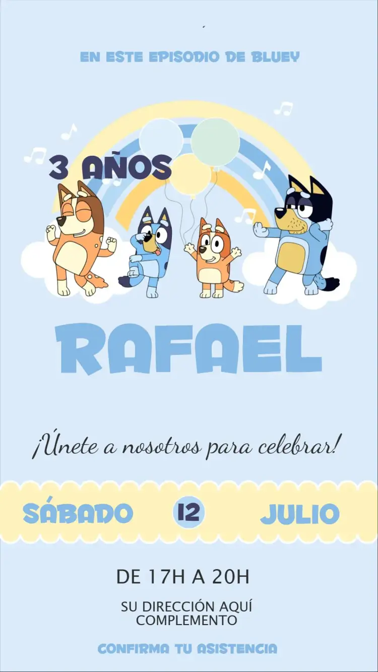 Invitación Bluey editable y personalizable