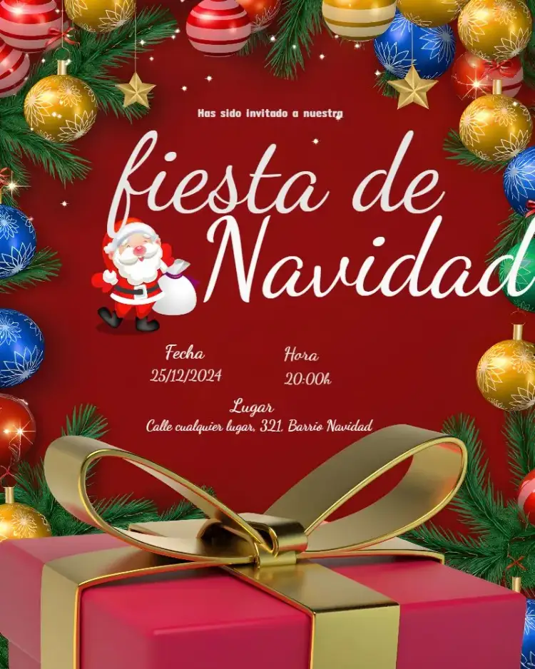 Invitación Fiesta De Navidad Noel – tema Fechas Conmemorativas rojo vibrante, elementos navideños, diseño festivo, estilo clásico, gráficos alegres