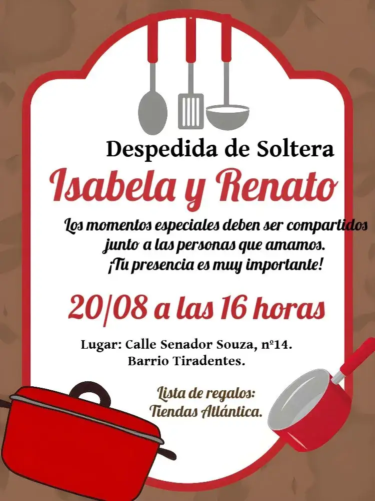 Invitación Despedida de Soltera en Casa – tema Despedida de Soltera rojo, negro, marrón, moderno, cocina