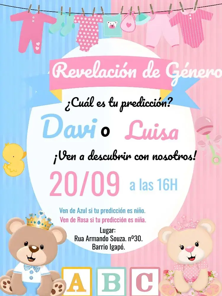 Invitación Baby Gender Reveal Tea Party Prince Bear and Princess Rose editable y personalizable