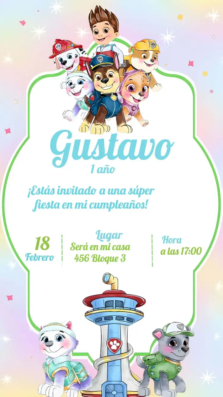 Invitación Patrulla Canina Verde – tema Cumpleaños Infantil colores vibrantes, divertido, temática canina, ilustraciones animadas, moderno, colorido