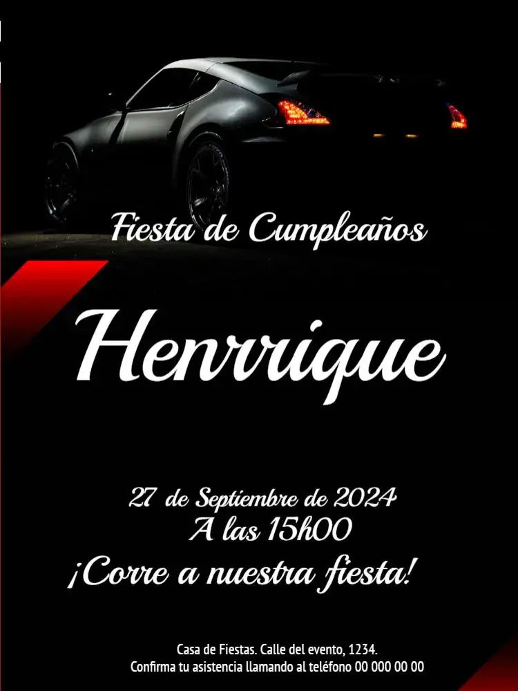 Invitación Coche Fondo Oscuro Personalizado – tema Cumpleaños Infantil moderno, deportivo, vibrante, divertido, dinámico, infantil