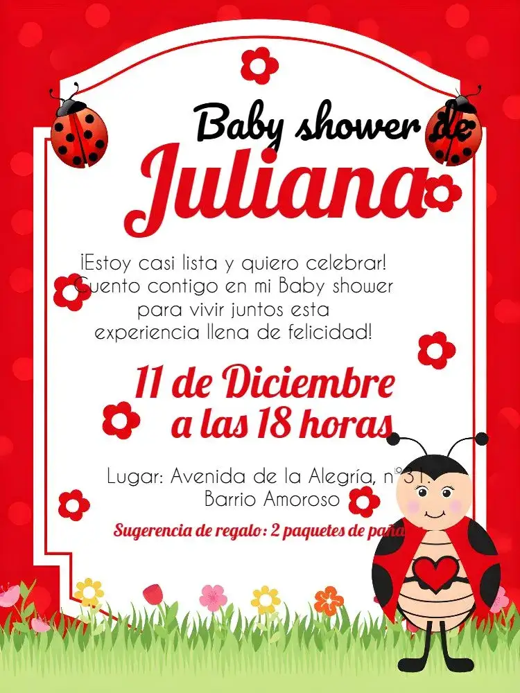 Invitación Baby Shower Mariquita Lunares – tema Baby Shower rojo, blanco, negro, lúdico, animales