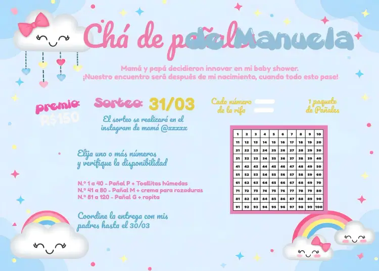 Invitación Té Rifa Lluvia De Amor Pañal – tema Té Rifa delicado, infantil, colorido, lúdico, moderno