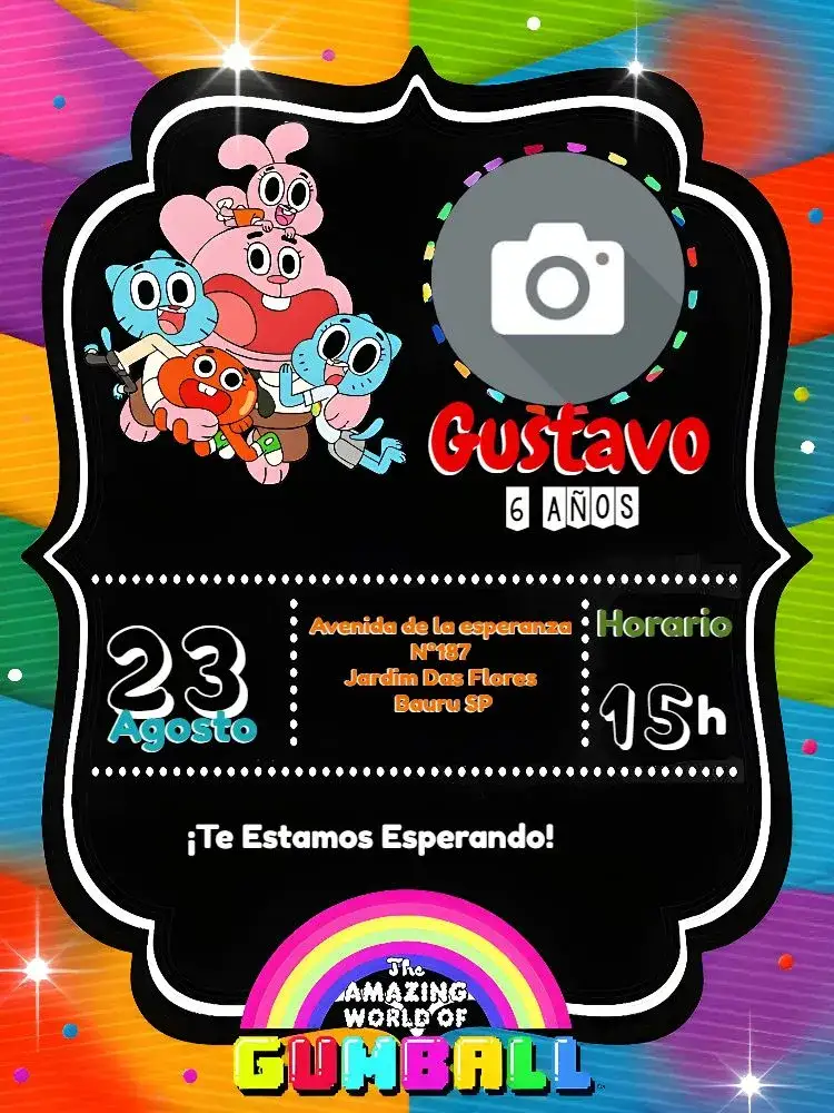 Invitación El Increíble Mundo De Gumball Con Foto Incinerable – tema Más buscados colorido, divertido, moderninho, infantil, animado