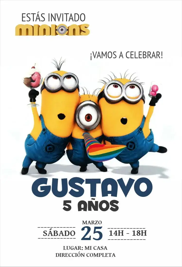 Invitación Minions 1 – tema Cumpleaños colorido, divertido, temático, infantil, ilustraciones de personajes