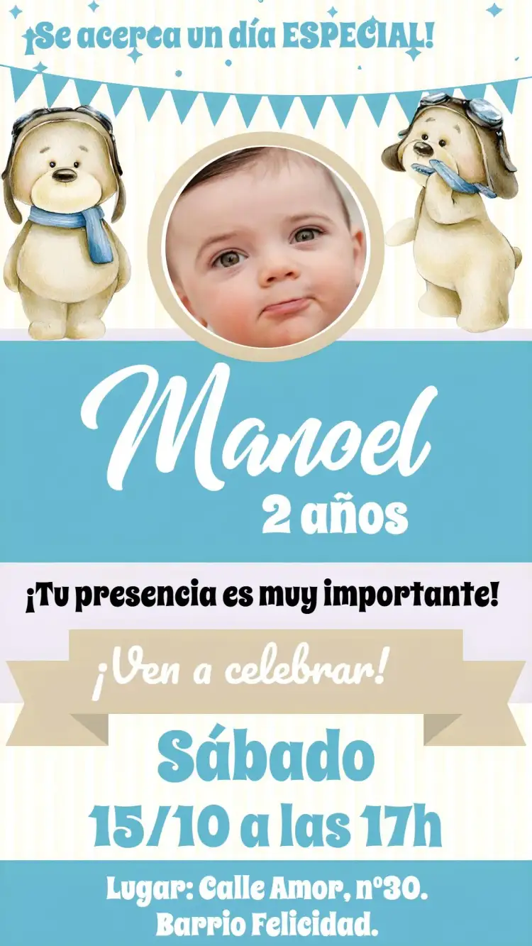 Invitación El Tiempo Vuela Marrón – tema Baby Shower marrón, azul, acuarela, oso de peluche, aviador, globos