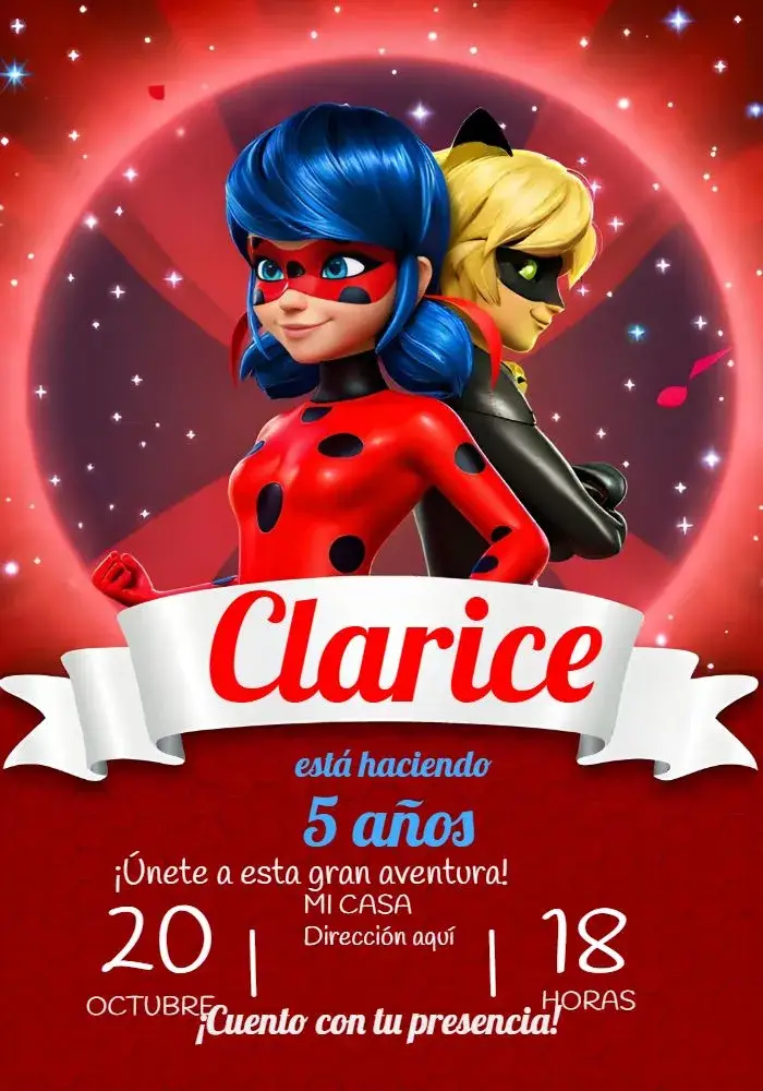 Invitación Lady Bug Y Cat Noir Miraculous