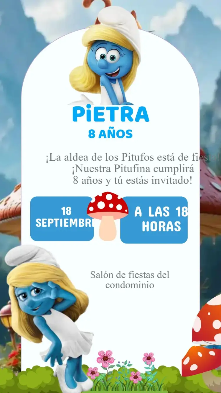 Invitación Invitación Cumpleaños Pitufina – tema Cumpleaños Infantil colorido, divertido, infantil, lúdico, fantasia, Smurfete