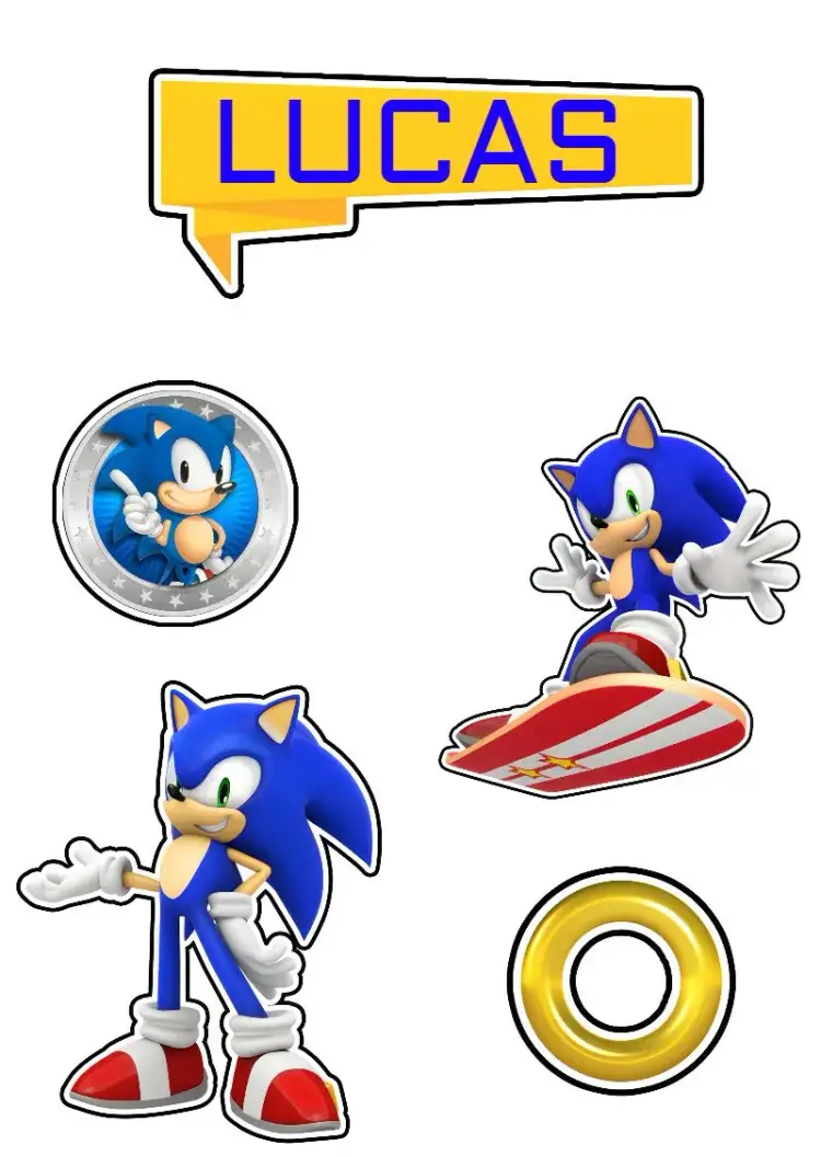 Invitación Topper de Pastel Sonic Moeda – tema Topper de torta colorido, divertido, temático, juegos, infantil