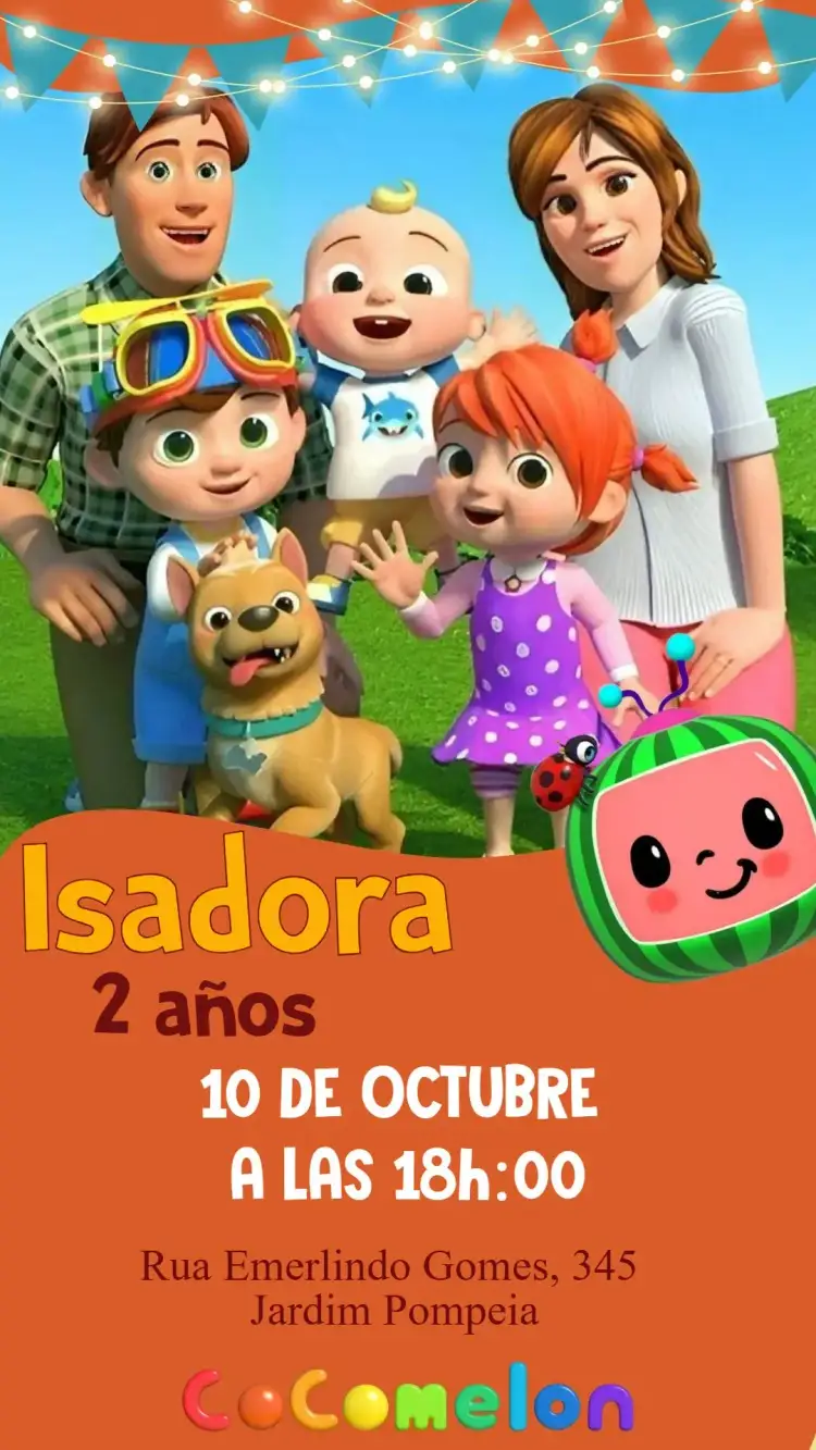 Invitación Cocomelon – tema Cumpleaños Infantil colorido, lúdico, divertido, infantil, temático