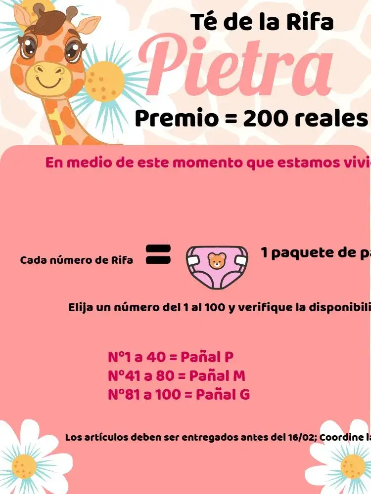 Invitación Té Rifa Jirafita Rayas – tema Té Rifa jirafa, rayas, floral, colores vibrantes, infantil, moderno