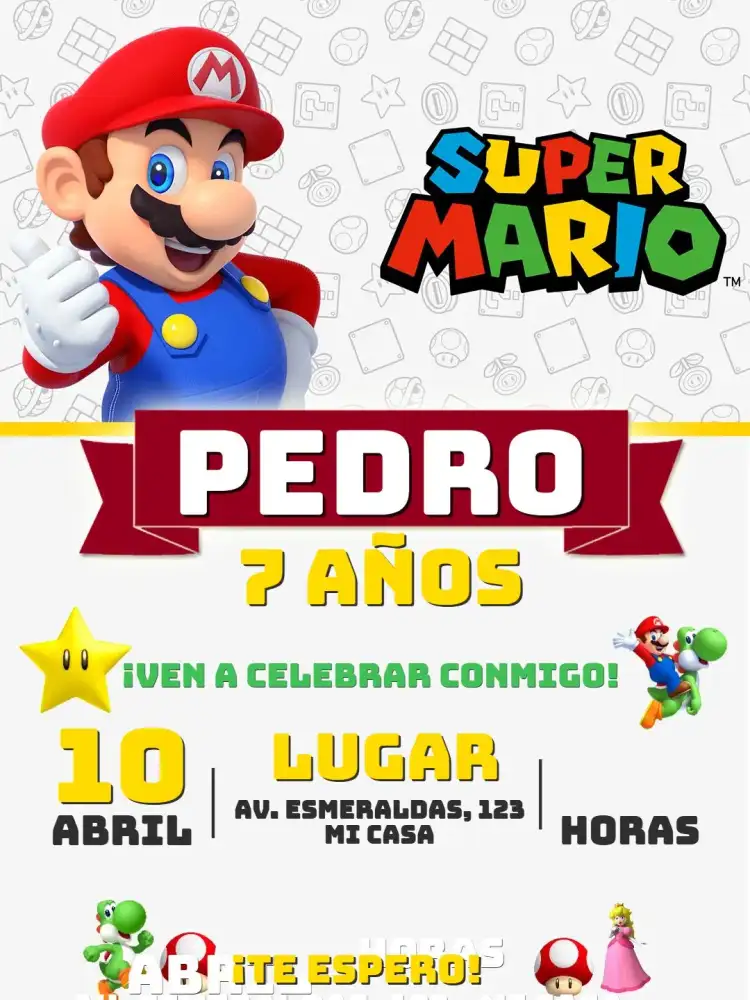 Invitación Cumpleaños Super Mario Juego Nintendo