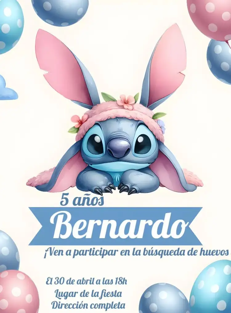 Invitación Pascua Stitch Disney – tema Fechas Conmemorativas azul vibrante, divertido, lúdico, temático Disney, colorido, festivo