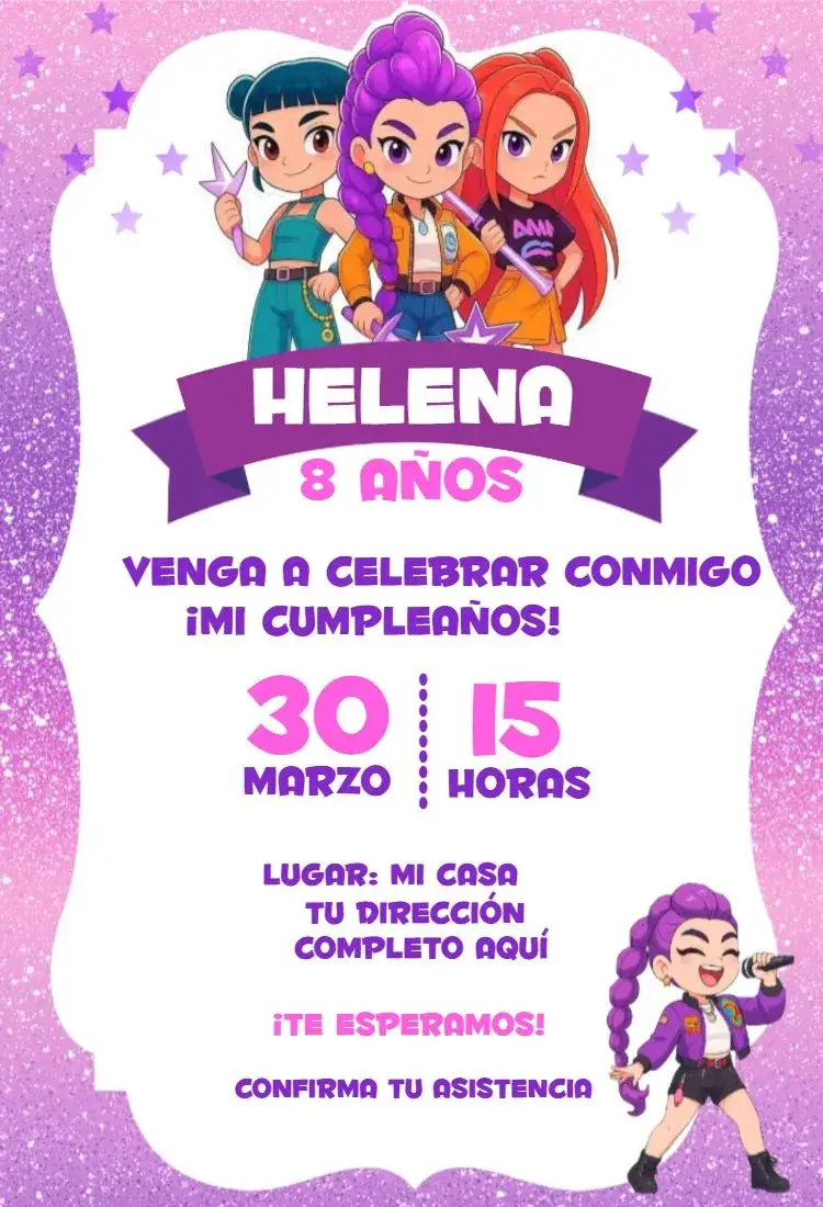 Invitación Guerrera del Kpop 13 – tema Cumpleaños Kpop, Personajes animados, Estrellas, Brillo