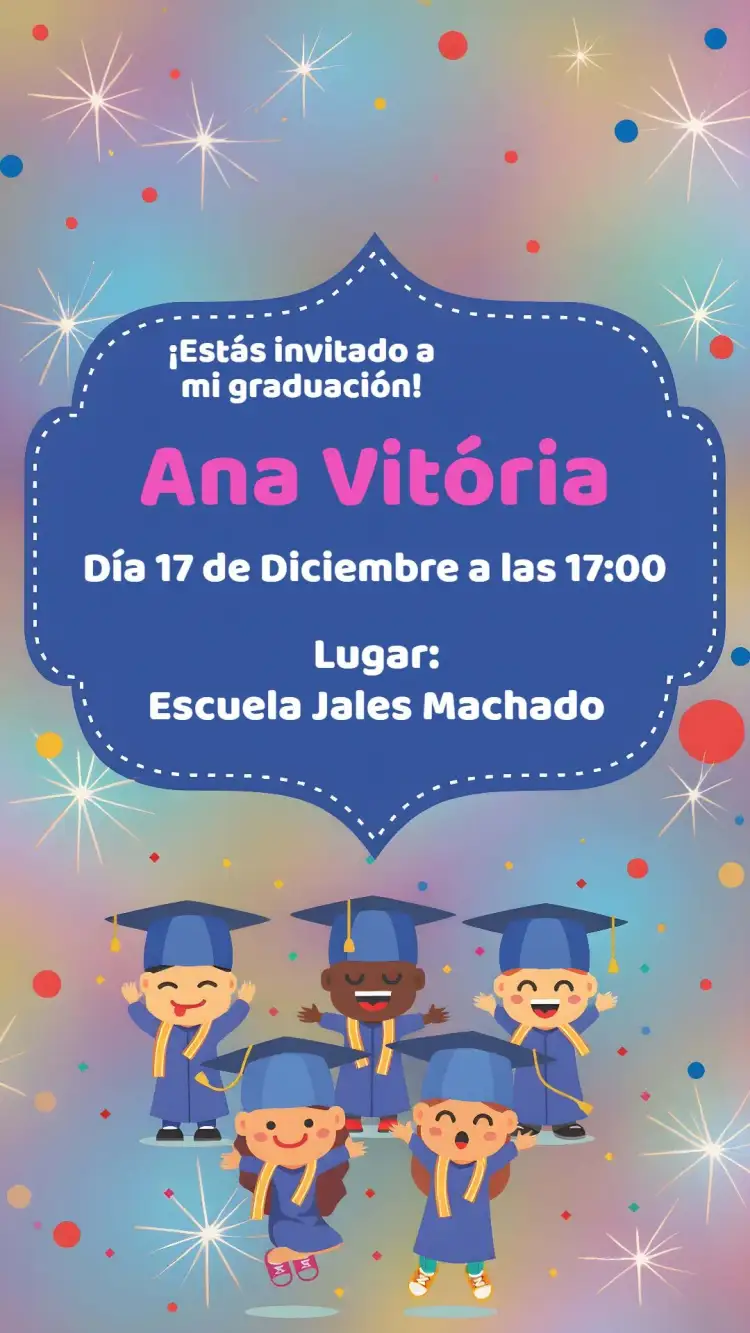 Invitación Graduación Infantil Colorida – tema Graduación colorido, divertido, lúdico, infantil, moderno, brilhante
