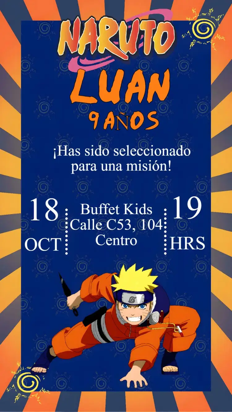 Invitación Naruto – tema 15 años colorido, anime, aventura, moderno, divertido