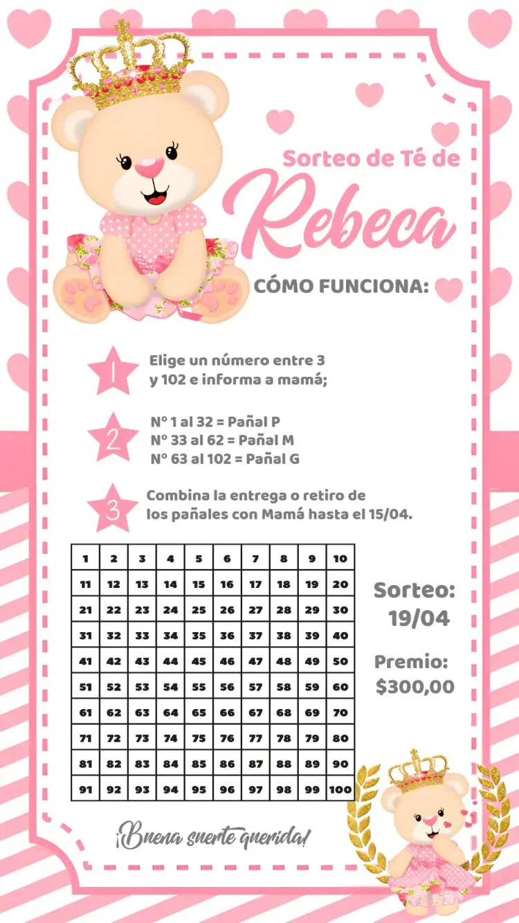 Invitación Chá Rifa Osita Princesa Bebé editable y personalizable