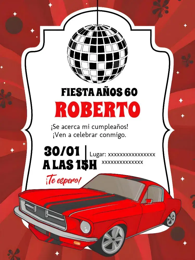 Invitación Años 60 Discoteca – tema Cumpleaños vintage, discoteca, colorido, retro, divertido