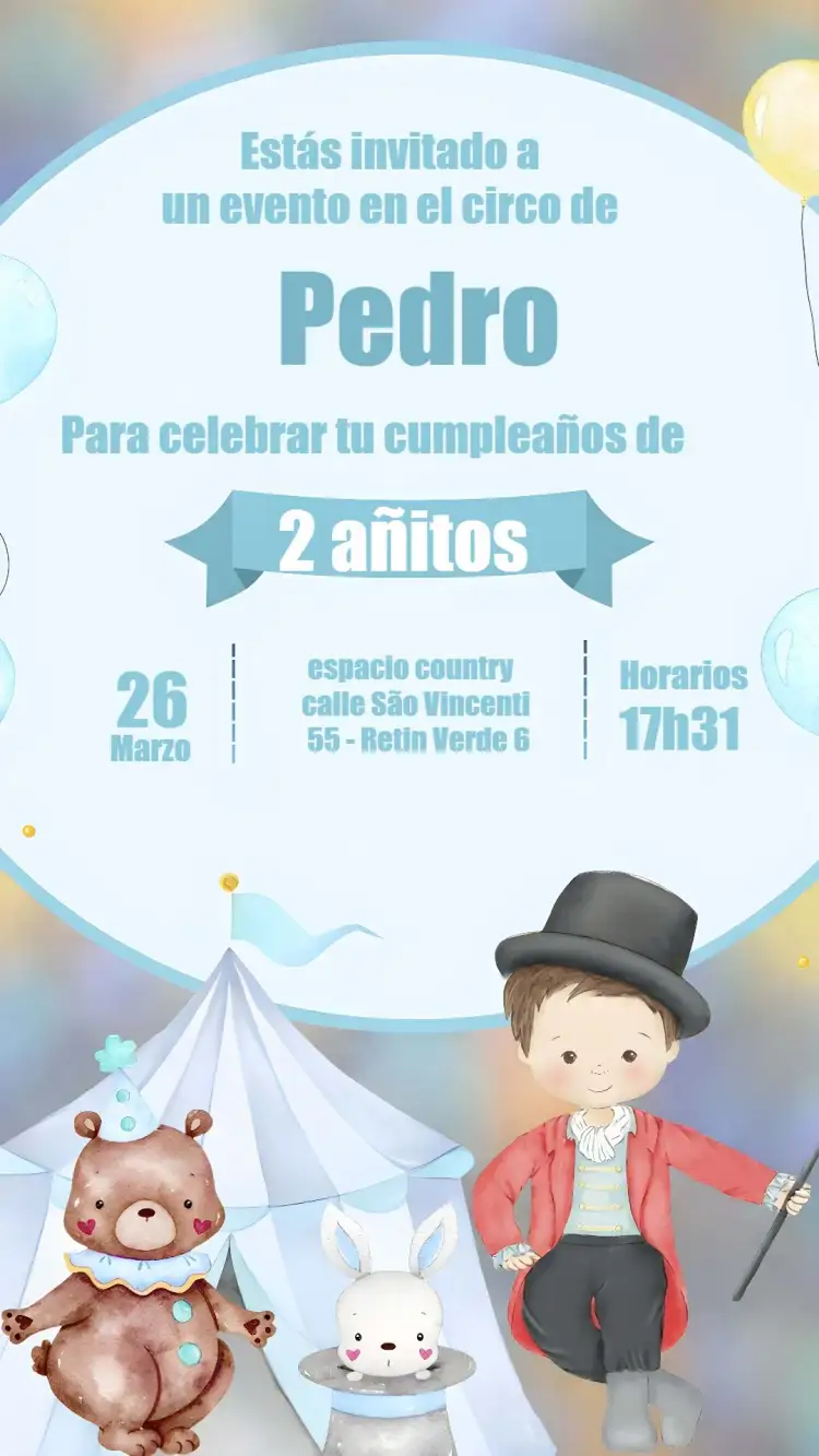 Invitación Circo Menino – tema Cumpleaños Infantil acuarela, circense, azul, divertido, colorido