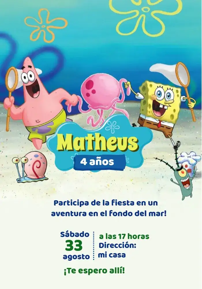 Invitación Bob Esponja Mar – tema Más buscados colorido, fondo del mar, divertido, infantil, temático