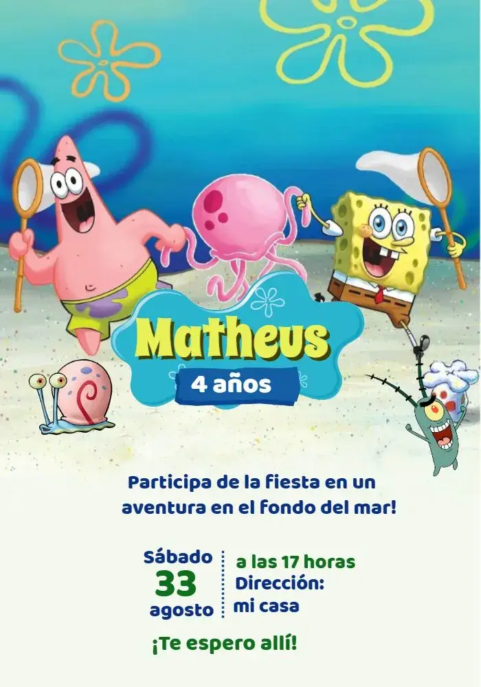 Invitación Bob Esponja Mar editable y personalizable