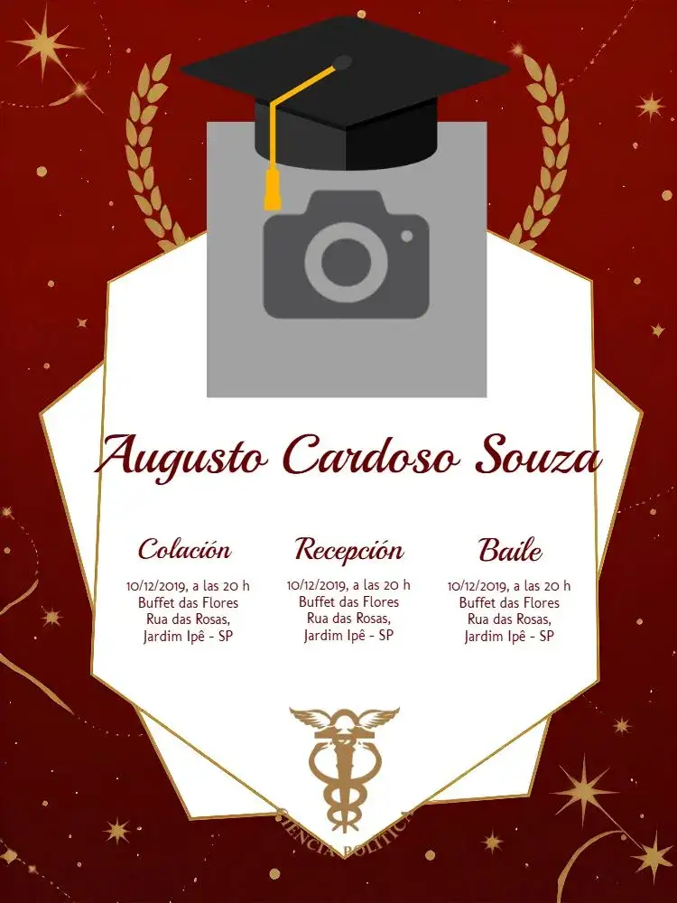 Invitación Graduación en Ciencias Políticas Con Foto de Graduación – tema Graduación rojo, dorado, elegante, moderno, sofisticado, minimalista