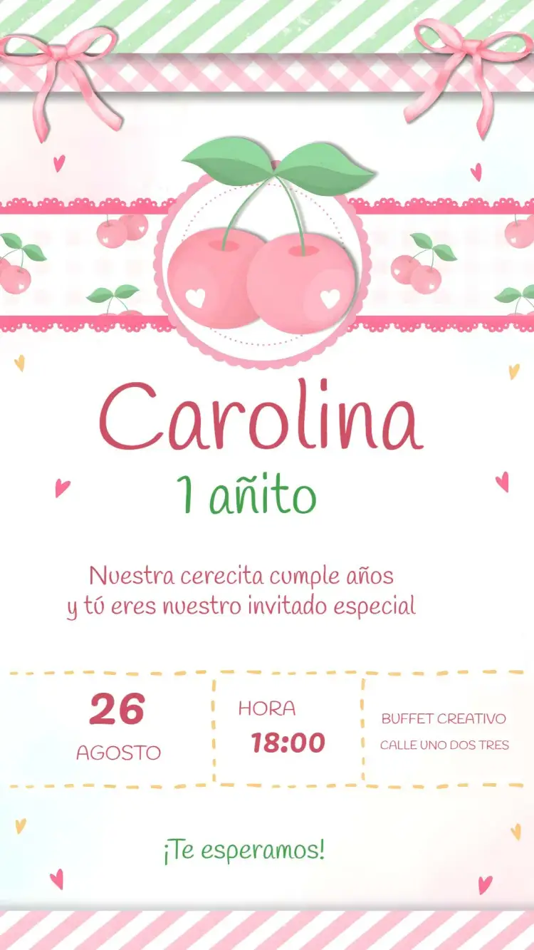 Invitación Cerezita Del Pastel Niña – tema Más buscados delicado, infantil, rosa, colorido, lúdico