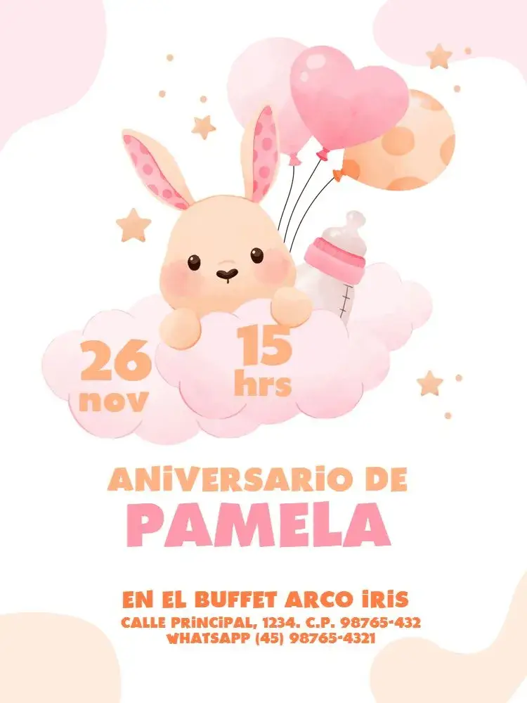 Invitación Infantil Femenino Conejita Globo Lúdico